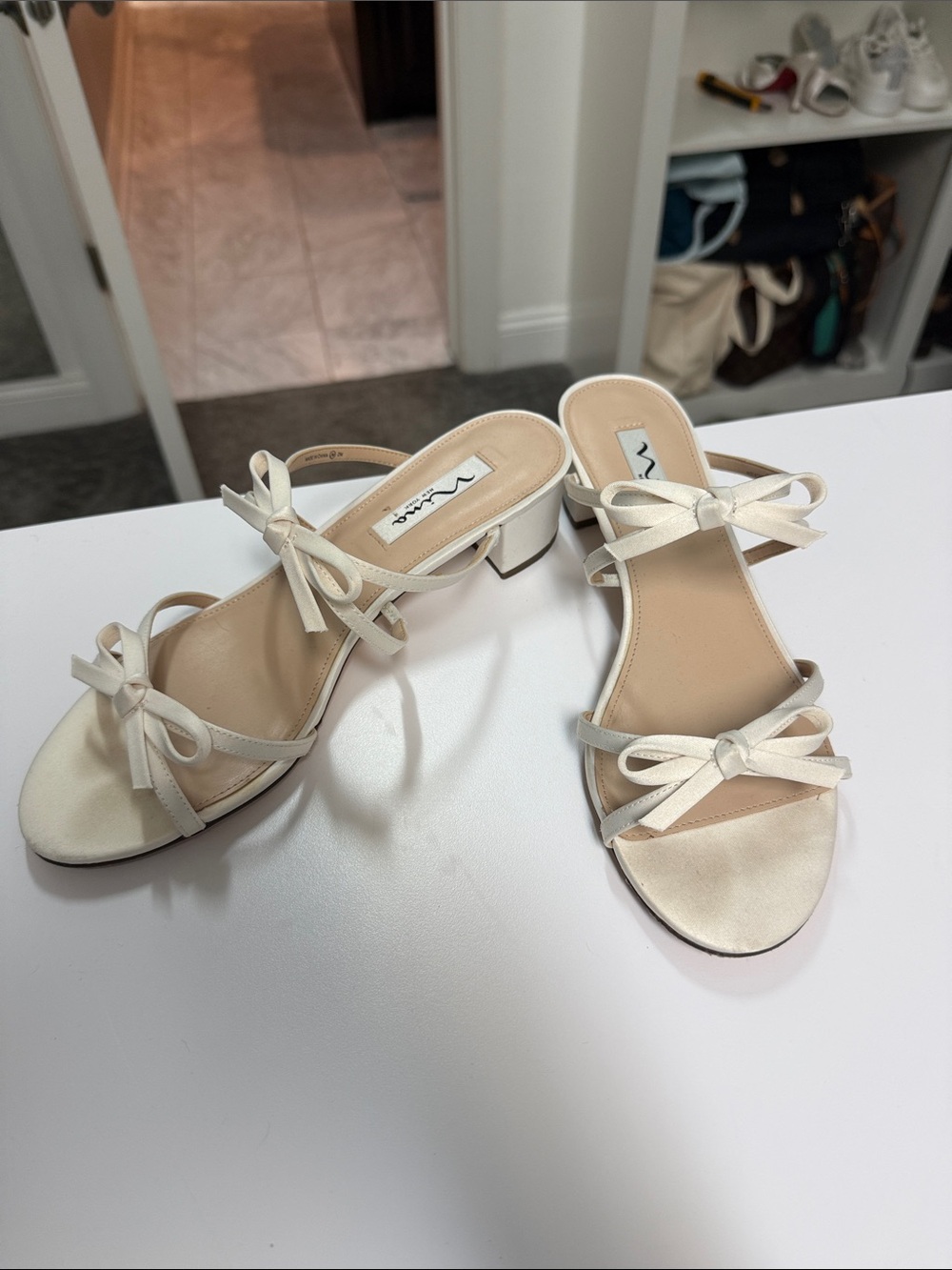 Nina Bow Strap Satin Slide Sandals in Ivory